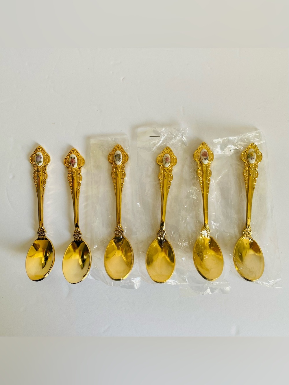 Set of 6 Ornate Gold-Tone Demitasse Spoons Espresso